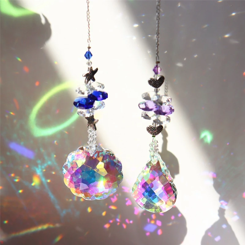 Crystal Geometric Wind Chime Star Moon Pendant Sun Suncatcher Plated Colorful Beads Hanging Ornament Outdoor Garden Home Decor