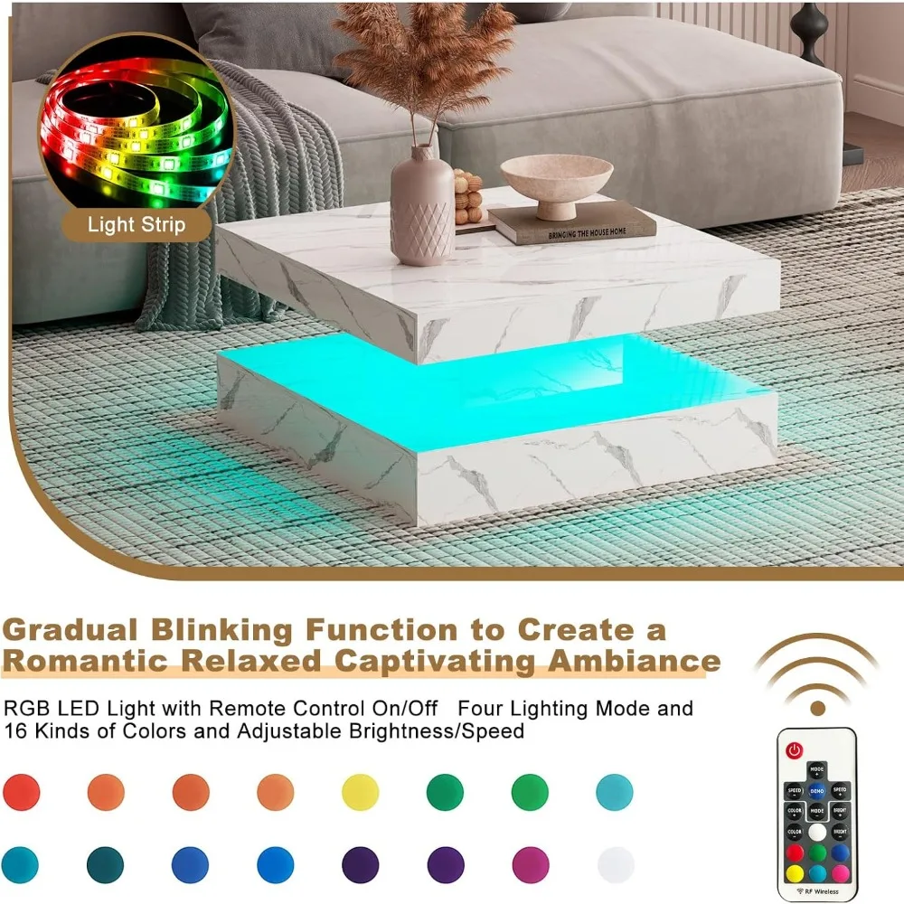 White Marble LED Coffee Table for Living Room, Living Room Table 2-Tier Square Middle Center Table, Modern Coffee Tables with