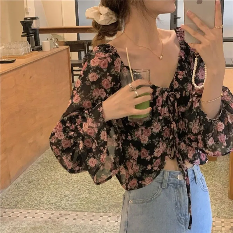 Broken Flowers Chiffon Blouse Fashion Shirring Drawstring Spring Summer Vintage Printed Women\'s Long Sleeve Elegant V-Neck Shirt