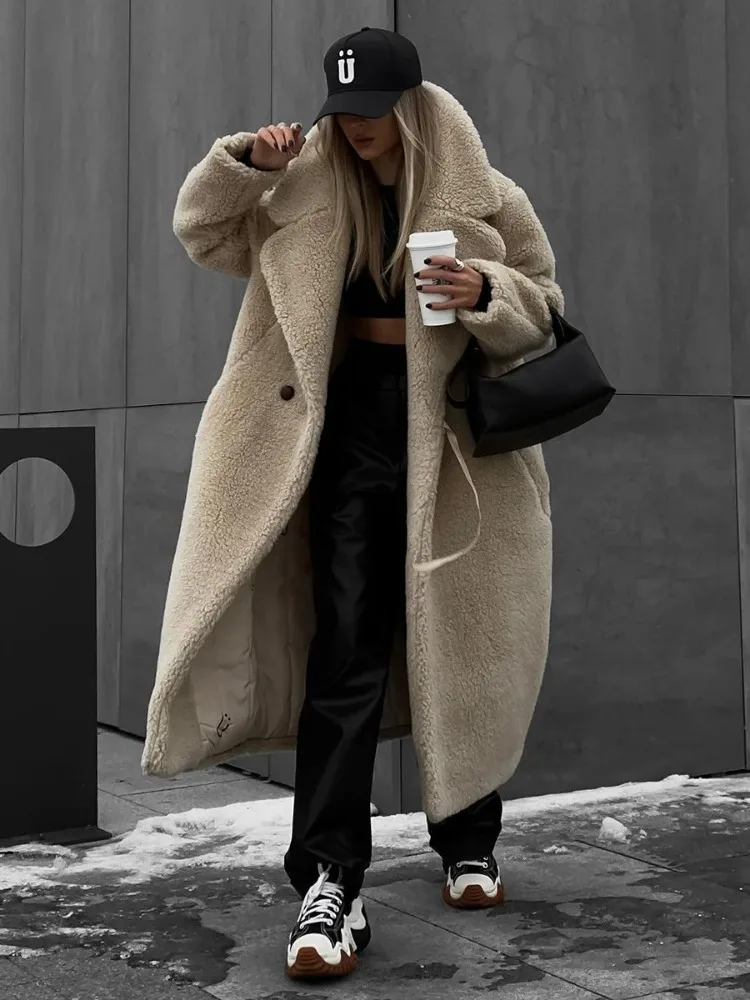 Leosoxs Jesień Zima Nowa Kolekcja Damska Moda Retro Płaszcze Polarowe Puszyste Kurtki z Wełny Jagnięcej Długi Ciepły Płaszcz Streetwear