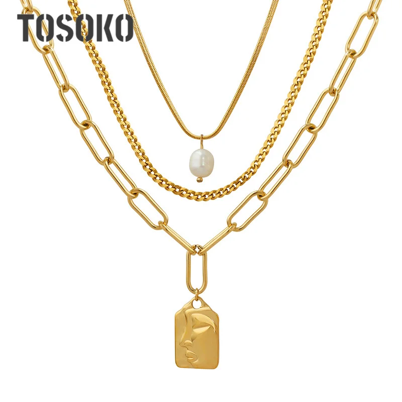 

TOSOKO Stainless Steel Jewelry Three Layer Irregular Pendant Freshwater Pearl Sweater Chain Fold Fashion Necklace Woman BSP773