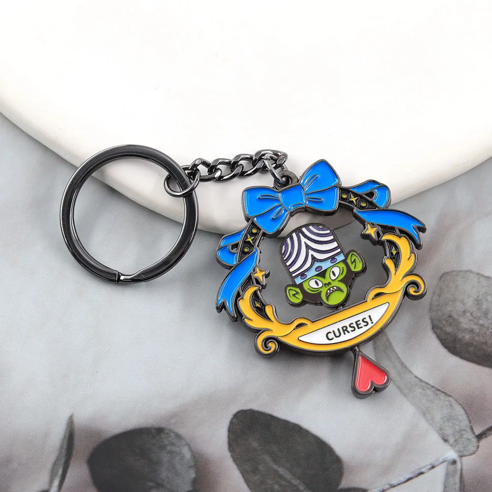 Lustiger Mojo Jojo Drehbarer Schlüsselanhänger, Doppelseitiger Spinning-Schlüsselring, Kawaii-Bösewicht-Figur, Metallanhänger, Taschendekoration, Geschenk für Fans – Detail 7