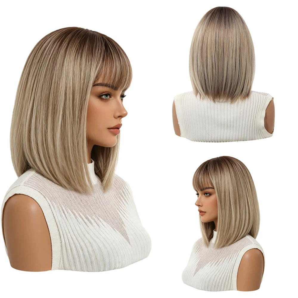 Dark Rooted Ash Blonde Short Bob Wig With Bangs Women Ombre Brown Blonde Shoulder Length Bob Wigs Heat Resistant Synthetic Hair
