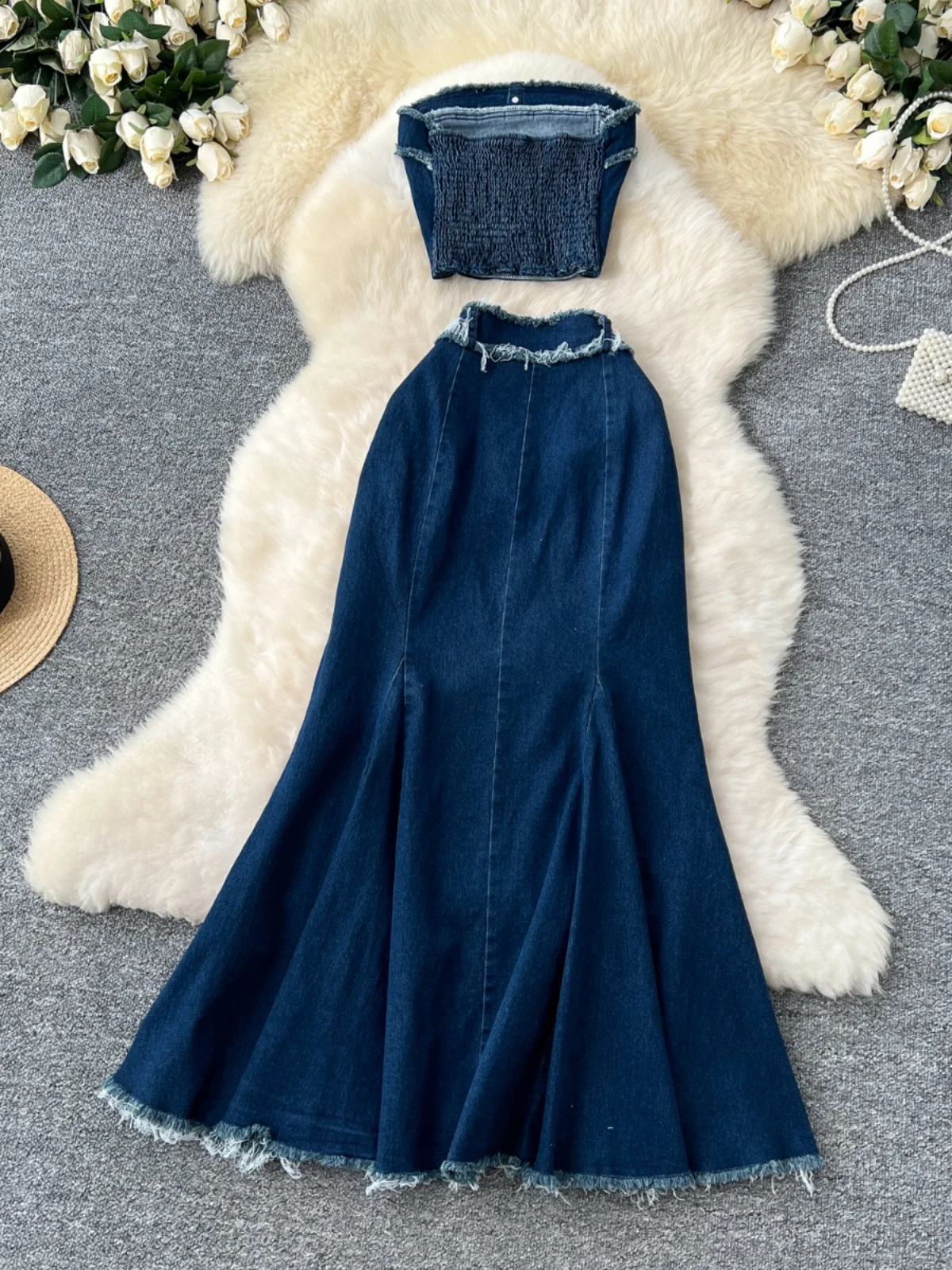 

American Sle Sexy Svel Tube Top And High Waist Fi Tail Skirt Denim Two Piece Set for Young Women 8-25 Years Old
