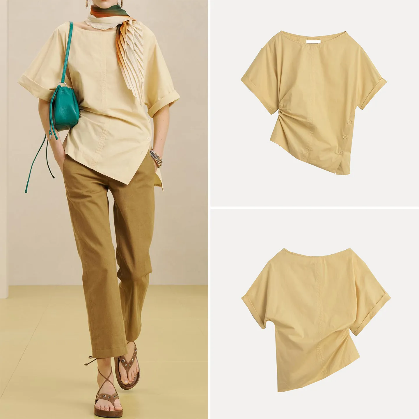 

Fashion Asymmetric Pleated Decoration Shirt Women's Top Summer 2026 New Arrival ZADATA Loose Fit Short Sleeve round Neck