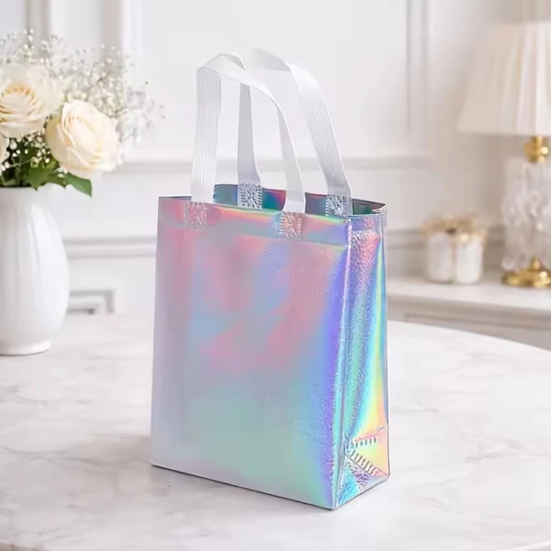 10PCS White Handle Laser Iridescent Gift Bags Suitable Tote Bags for Party Wedding Birthday Florists Boutique Gift Storaging ZYF