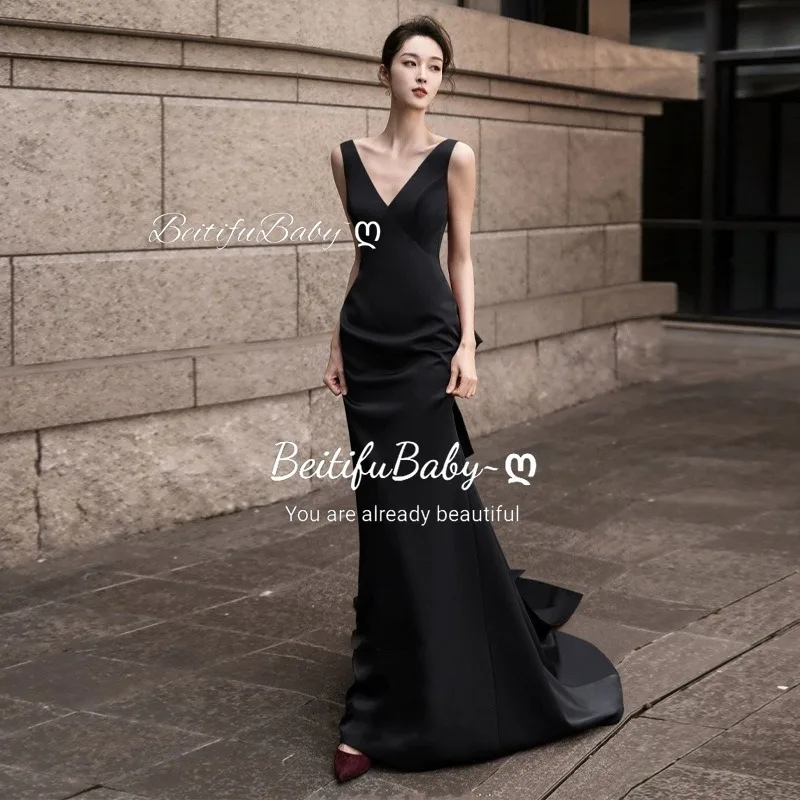 BeitifuBaby Elegant Women's Black Evening Dress Sexy V-neck Sleeveless Bow Backless Mermaid Skirt Stain Formal Dresses for Women