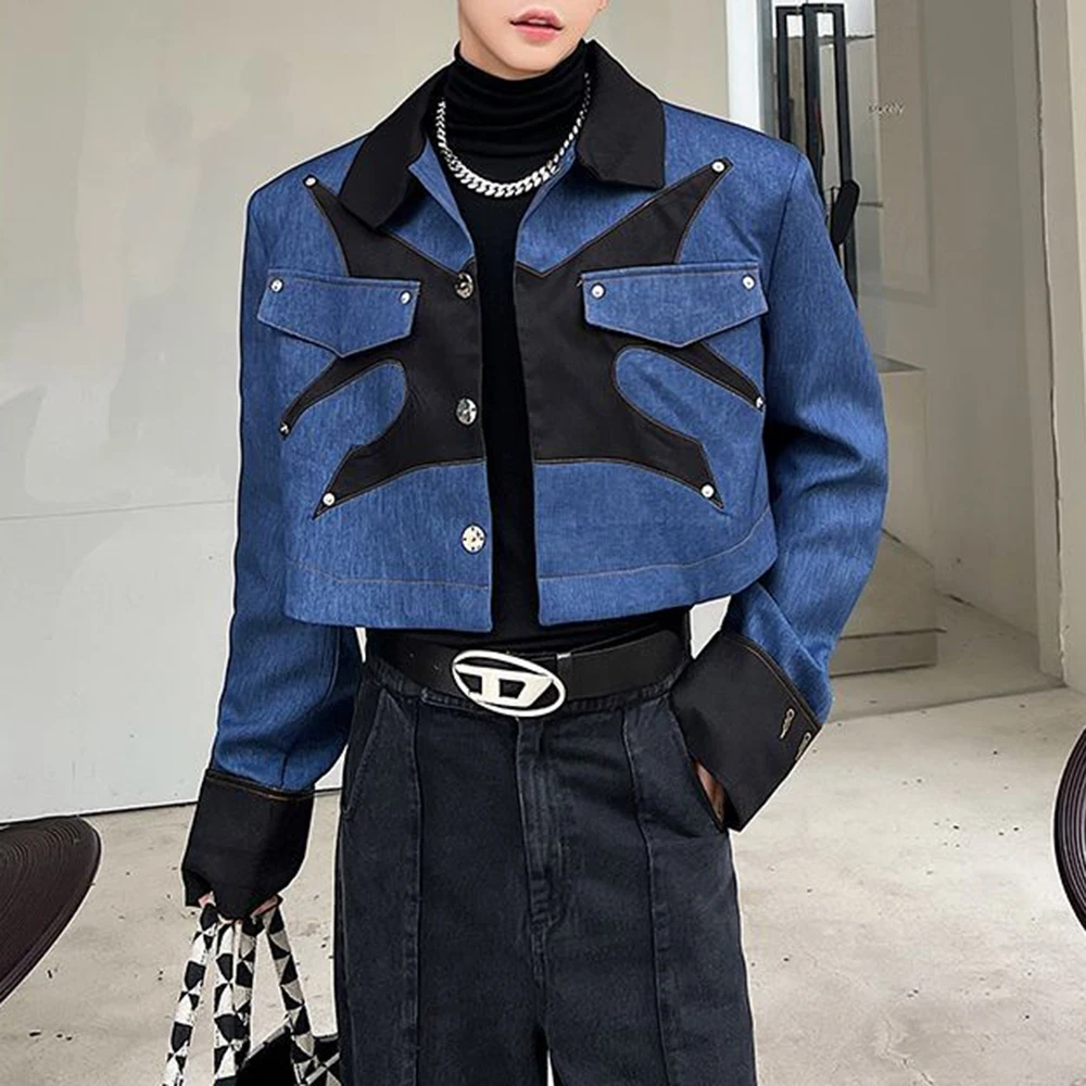 

Мужская весенняя короткая куртка, джинсовая лоскутная куртка с цветными блоками, нерегулярная куртка с 3d вырезом, уличная модная уличная нишевая верхняя мужская одежда 2026