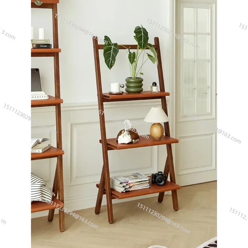 

Light Luxury Saddle Leather Shelf Mid-Ancient Combination Bookshelf Solid Wood Living Room Decoration Multi-Layer Display Stand