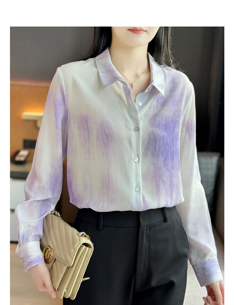 Elegant Office Ladies Shirts Purple 2025 Spring New Long Sleeve Gradient Chiffon Shirt Casual Blouses Camisas Women Clothing