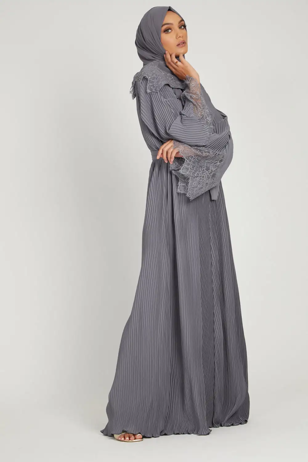 Pleated Abaya Dubai Turkish Muslim Lace Sleeve Hijab Dress Kaftan Islam Clothing Long Dress Women Vestido Robe Musulman De Mode