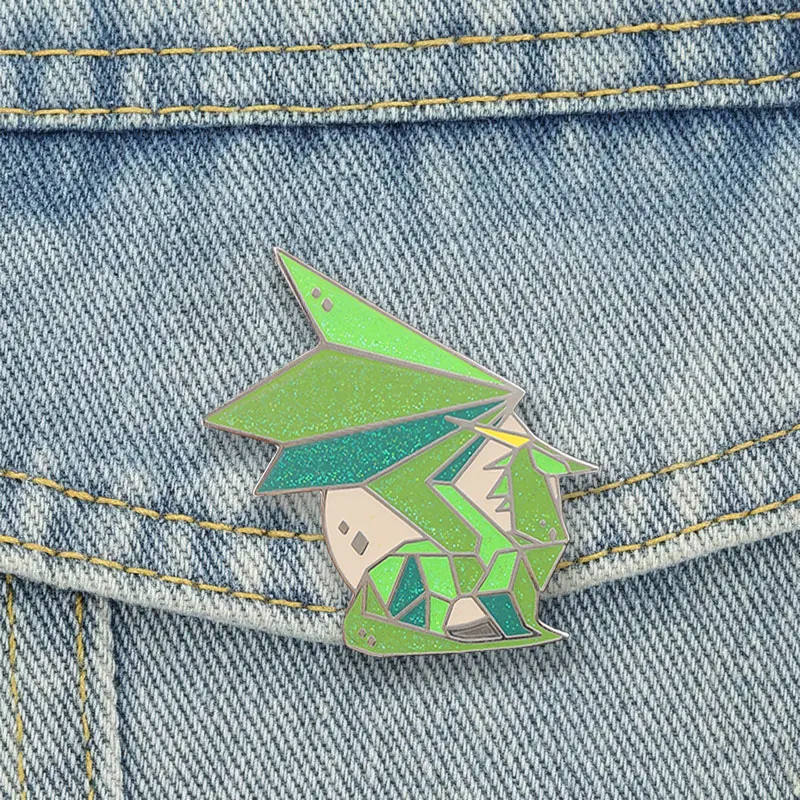 Origami Dragon Badge Cute Glitter Geometric Enamel Pins Green Mosaic Polygon Animal Brooch Fantasy Accessories Bag Decor