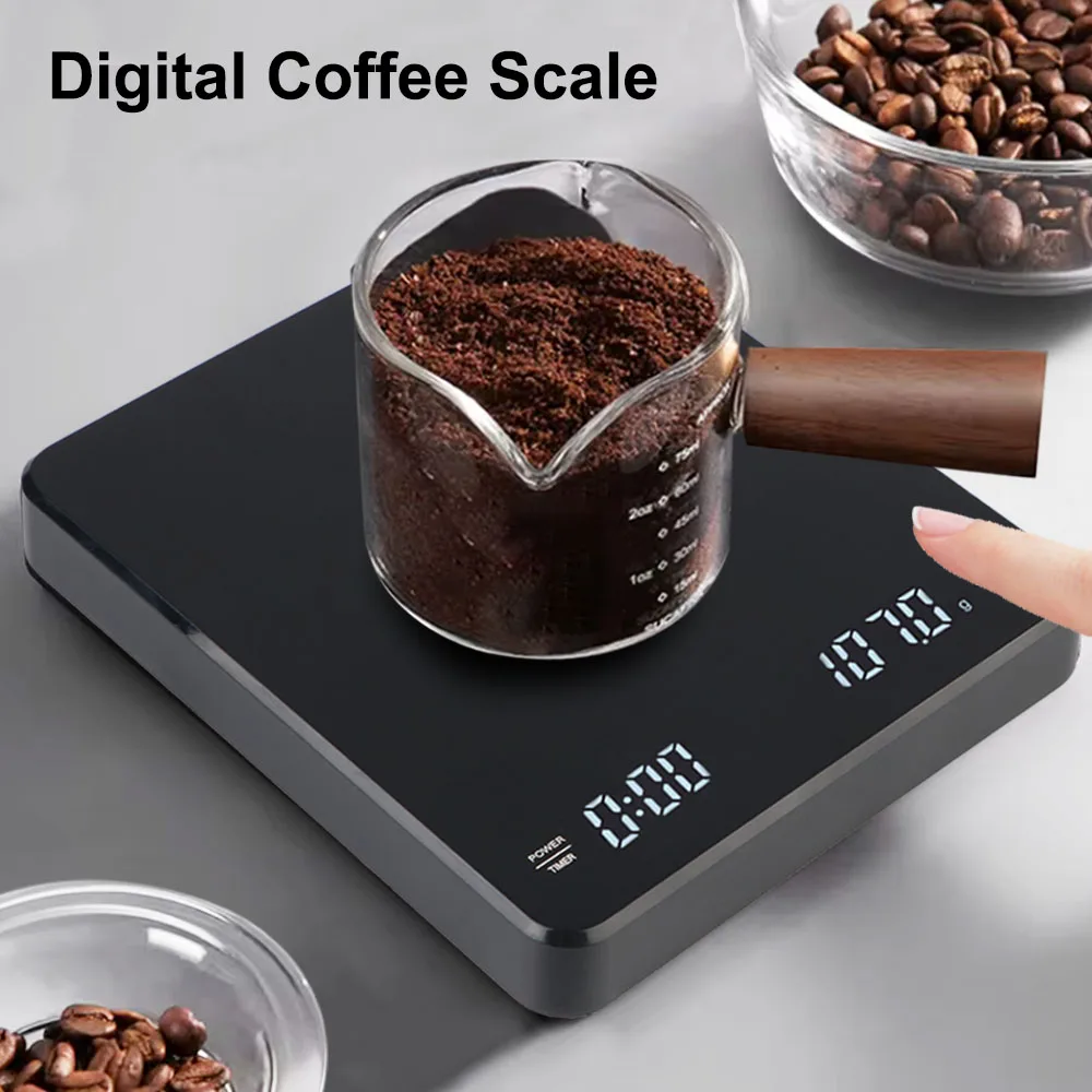 タイマー付き電子デジタルディスプレイスケール,USB充電,コーヒーおよびベーカリースケール,タッチキー,3kg, 0.1g