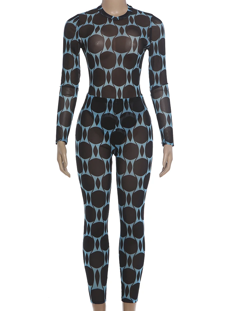 Nibber Midnight Sexy durchsichtiges 2-teiliges Set für Damen, Patchwork-Druck, O-Ausschnitt, volle Ärmel, Body + schmale, hüftumwickelte, lange Hosen-Outfits – Detail 3