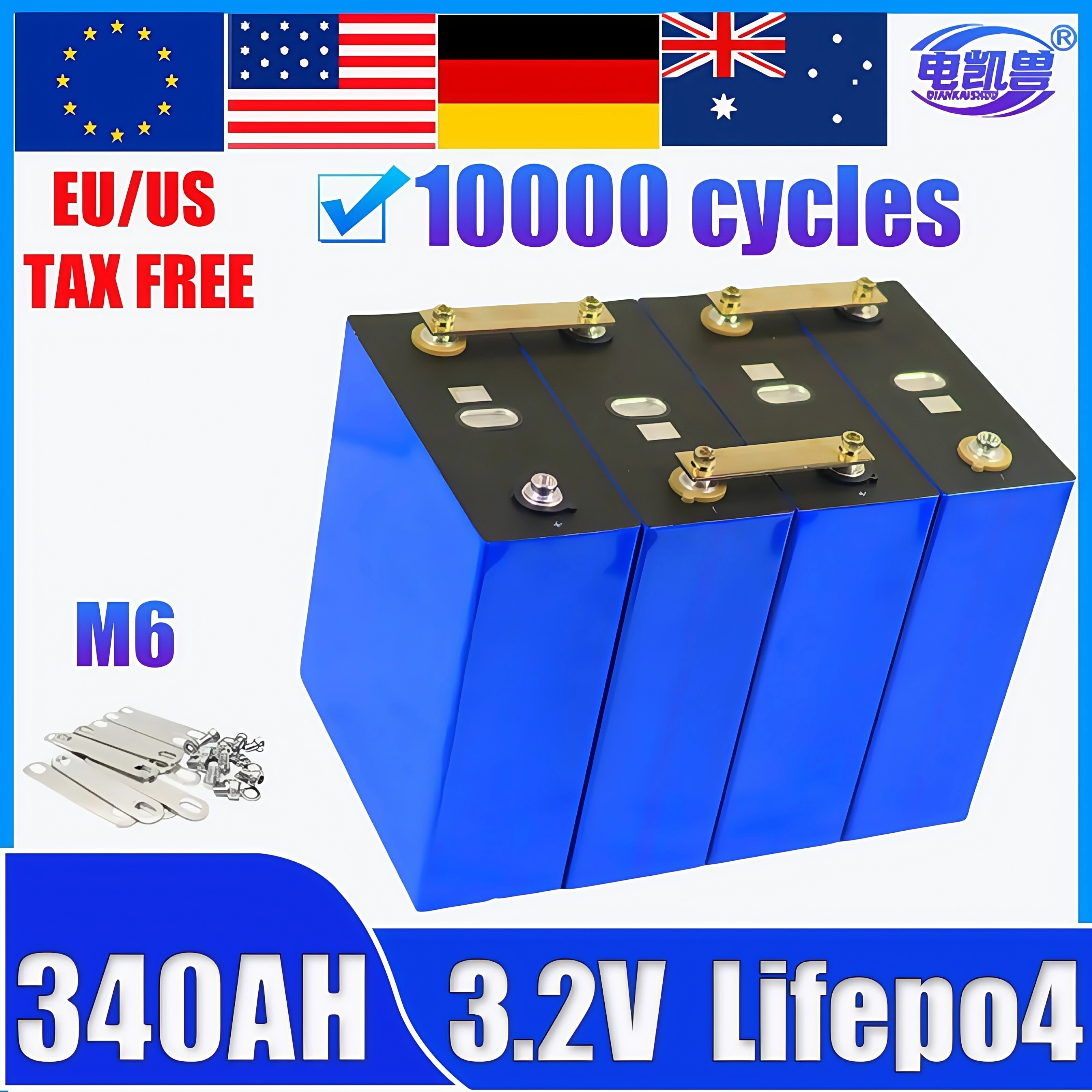 

DIANKAISHOU 340Ah 3.2V Grade A Lifepo4 Rechargeable Battery for DIY 12V 24V Solar System Lithium Iron Phosphate EV RV Golf Cars
