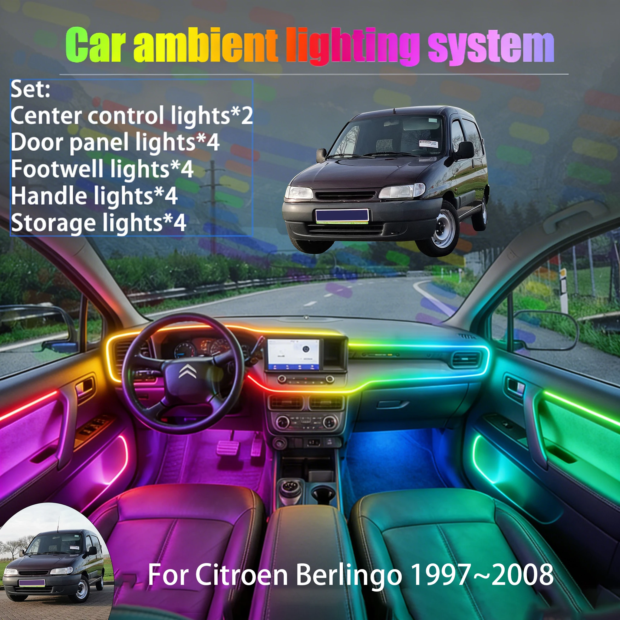

Для Citroën Berlingo 1997~2008 MK1 2/18 в 1: Комплект светодиодной подсветки салона и багажника USB RGB с эффектом потока