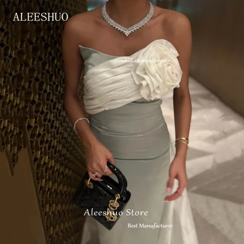 Aleeshuo Exquisite Straight Dubai Arabia Prom Dress Sleeveless Evening Dress Strapless With Flower Pleat Ankle-Length Party Gown