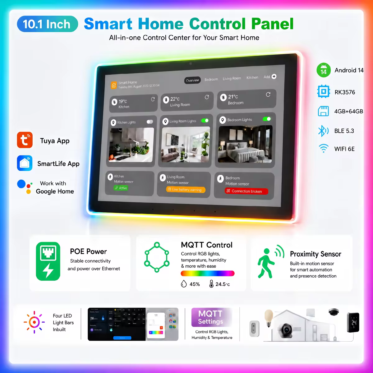 Controlador inteligente para el hogar Android 14 de 10 pulgadas, montado en la pared, tableta táctil fluida de 4G y 64G, compatible con Tuya Home Assistant, POE, WiFi, BT, RS485, entrada de CC