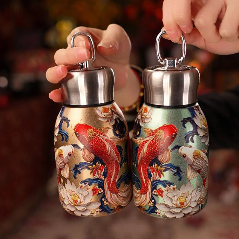 1Pc 300ml Edelstahl Thermos Tasse Tragbare Chinesische Elemente Isolierte Tasse Verdickt Auslaufsicher Mini Kaffee Becher Wasser flasche