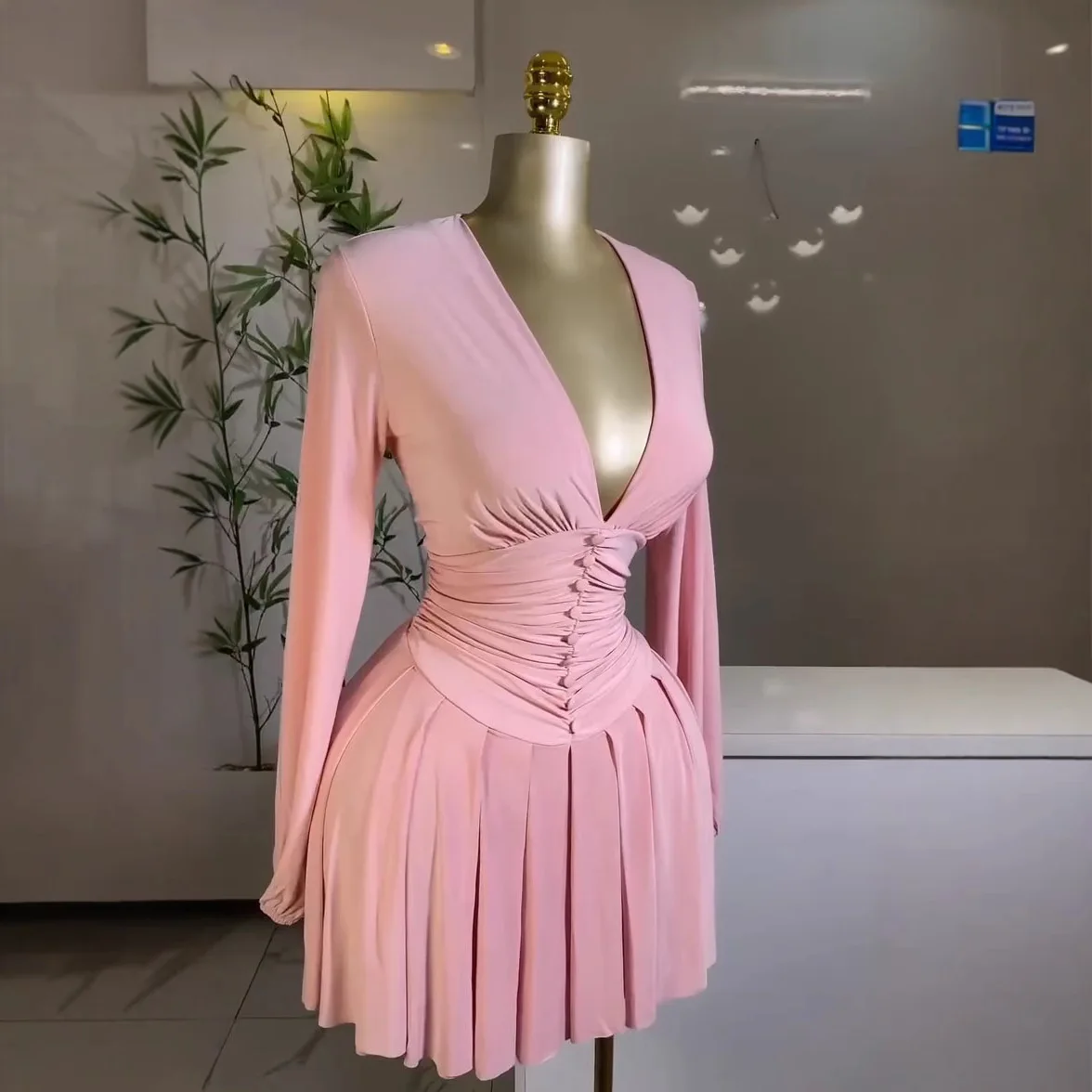 Women's Pleated V-neck Long-sleeve Dress, French Style, Smart Fit, Waist-cinching Smartming, Pleated Short Skirt Wedding Dress