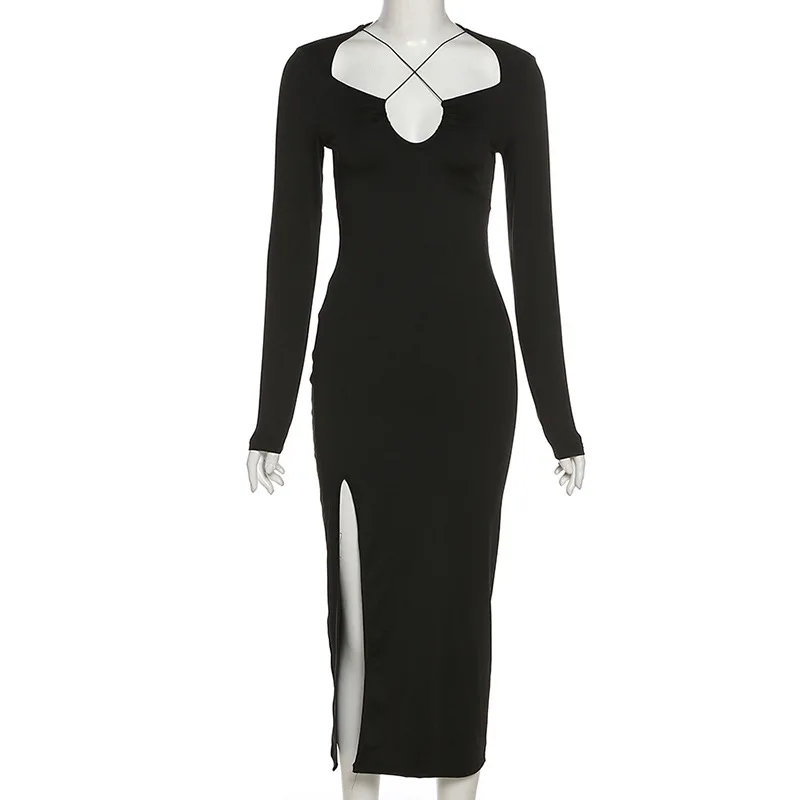 Autumn Fashion New Long Sleeve Women Dress Sexy Party Evening Dress Spring Cross Black Elegant Vestidos