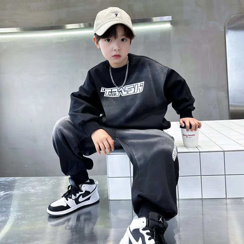 

Boys Sweatshirts +Pants Kids Suits Cotton 2PCS/Set 2024 Black Spring Autumn Cotton Sport Teenagers Children Clothing