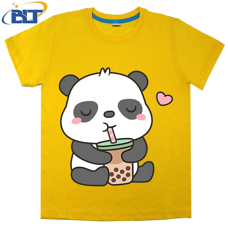 

Cute Little Panda Enjoying Boba Tea Printed Kids T-shirt Summer Cotton Short Sleeve Casual Tops Suitable for Boys and Girls