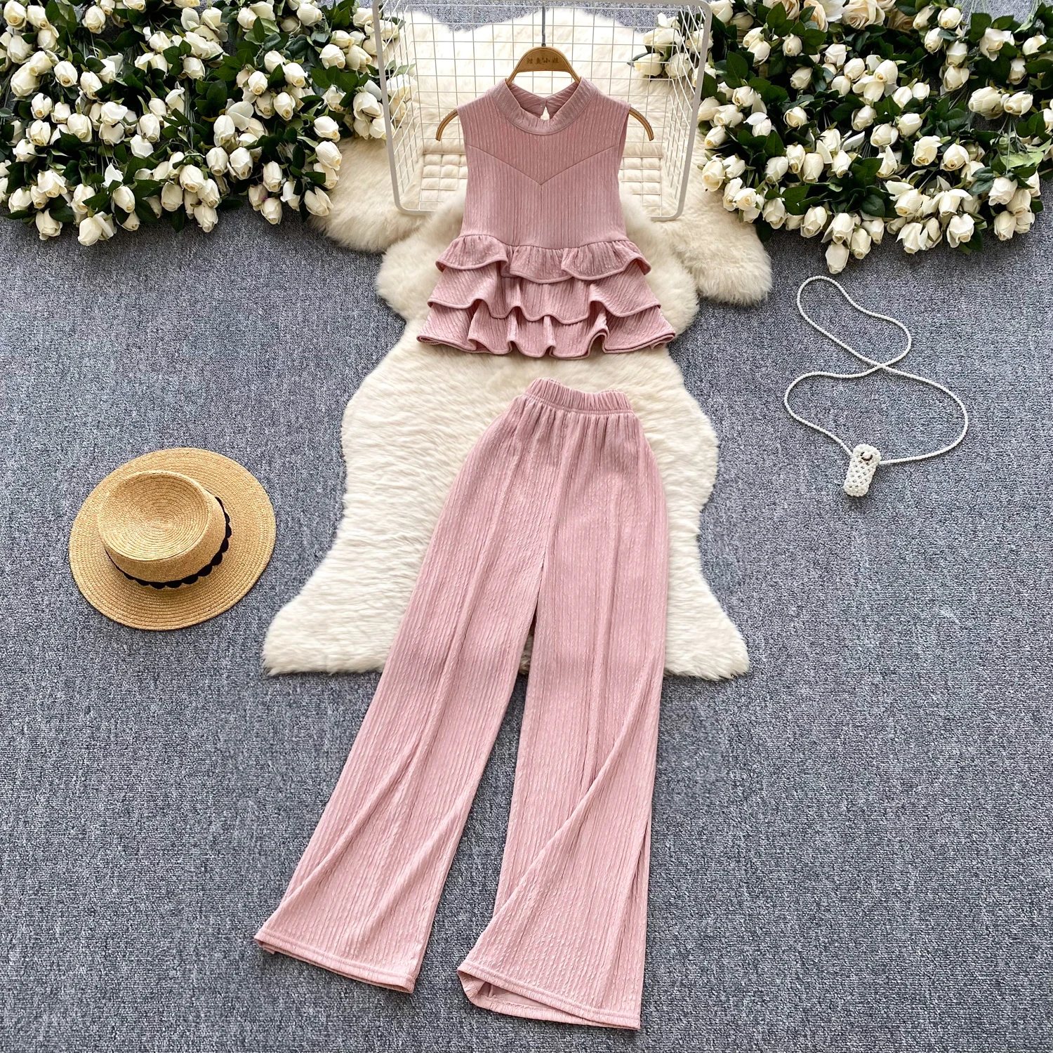 

Sexy Two Pieces Sets Chic ruffle sweet Sleeveless Off Shoulder Top with Fashion Hotsweet High Waist Wide Leg Pant Sets