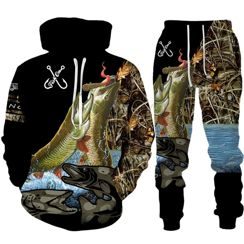 Conjunto de Sudadera con capucha con estampado 3D de pescado para hombre, ropa deportiva informal de camuflaje para pesca, moda para exteriores, jersey de manga larga de gran tamaño de alta calidad