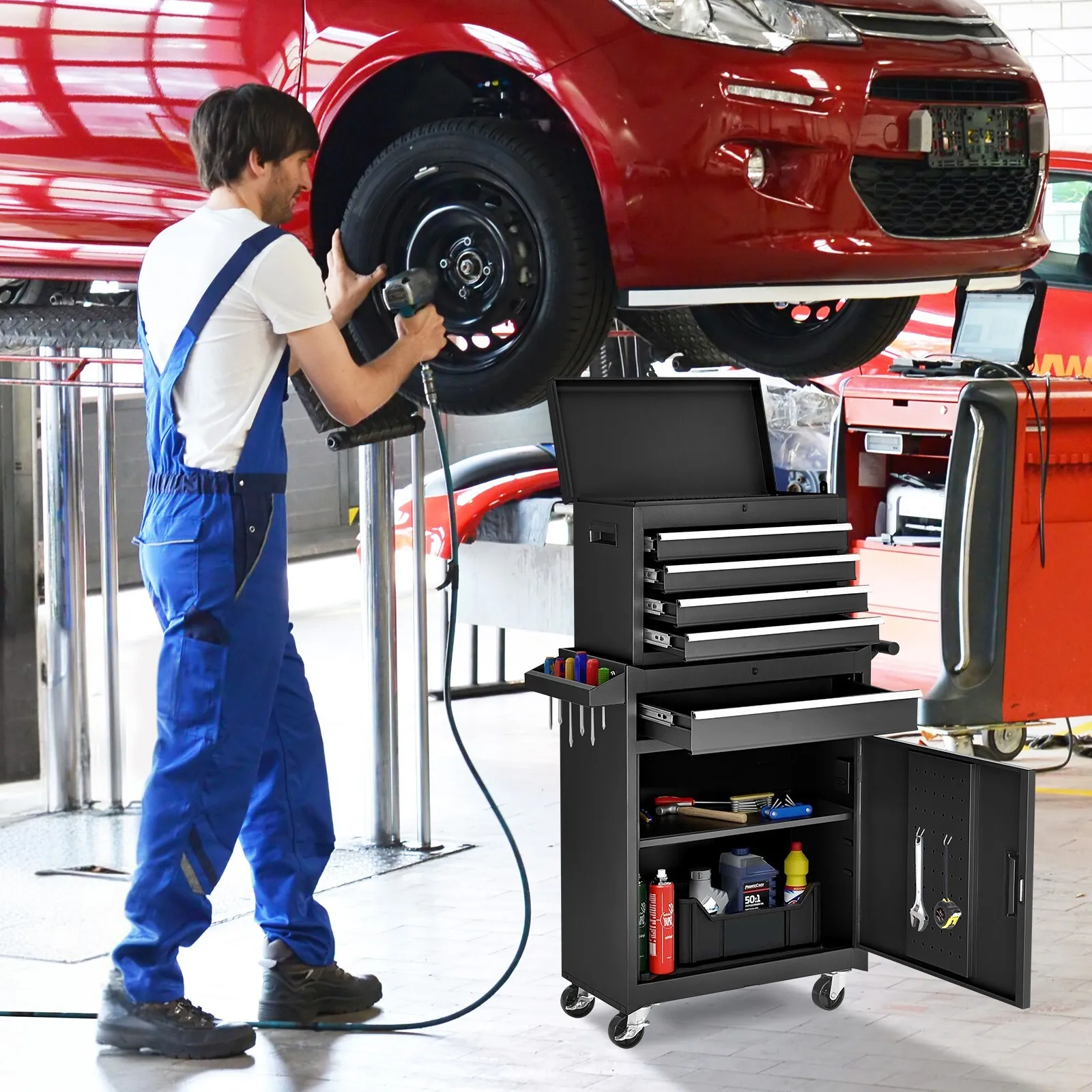 صندوق أدوات المتداول مع 5 أدراج وعجلات قابلة للقفل ومنظم 2 في 1 قابل للفصل