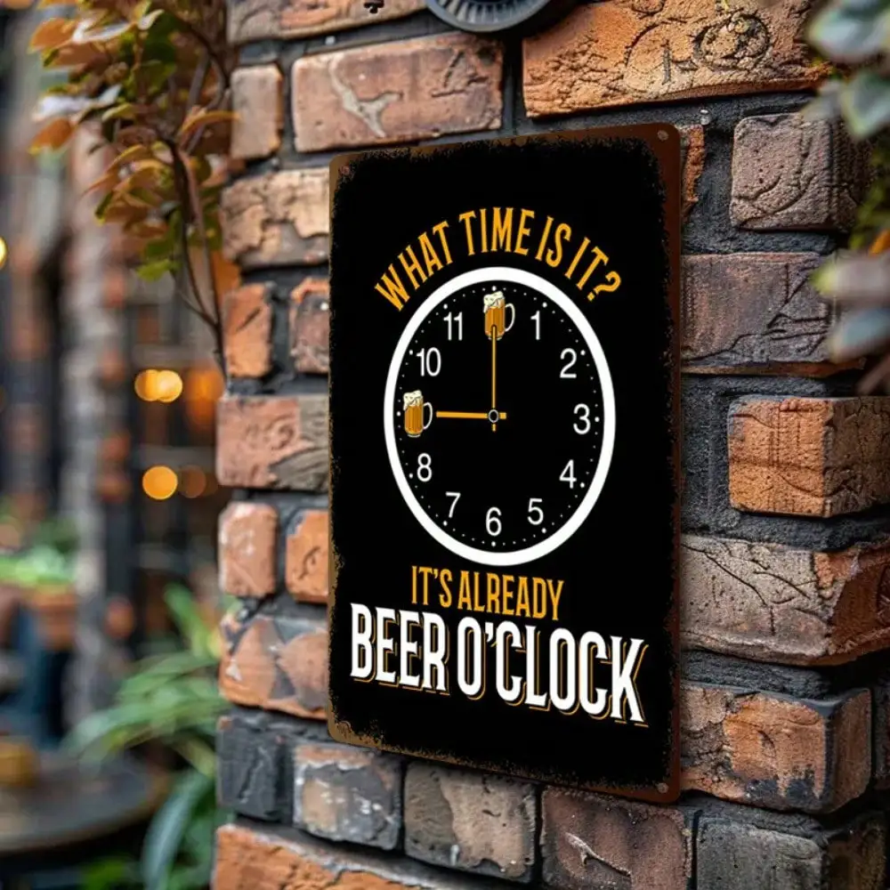 1PC Tin Sign Beer O'Clock - Vintage Bar/Home Pub Decor, Hand-Drawn Clock & Beer Glass, 8x12in/20x30cm