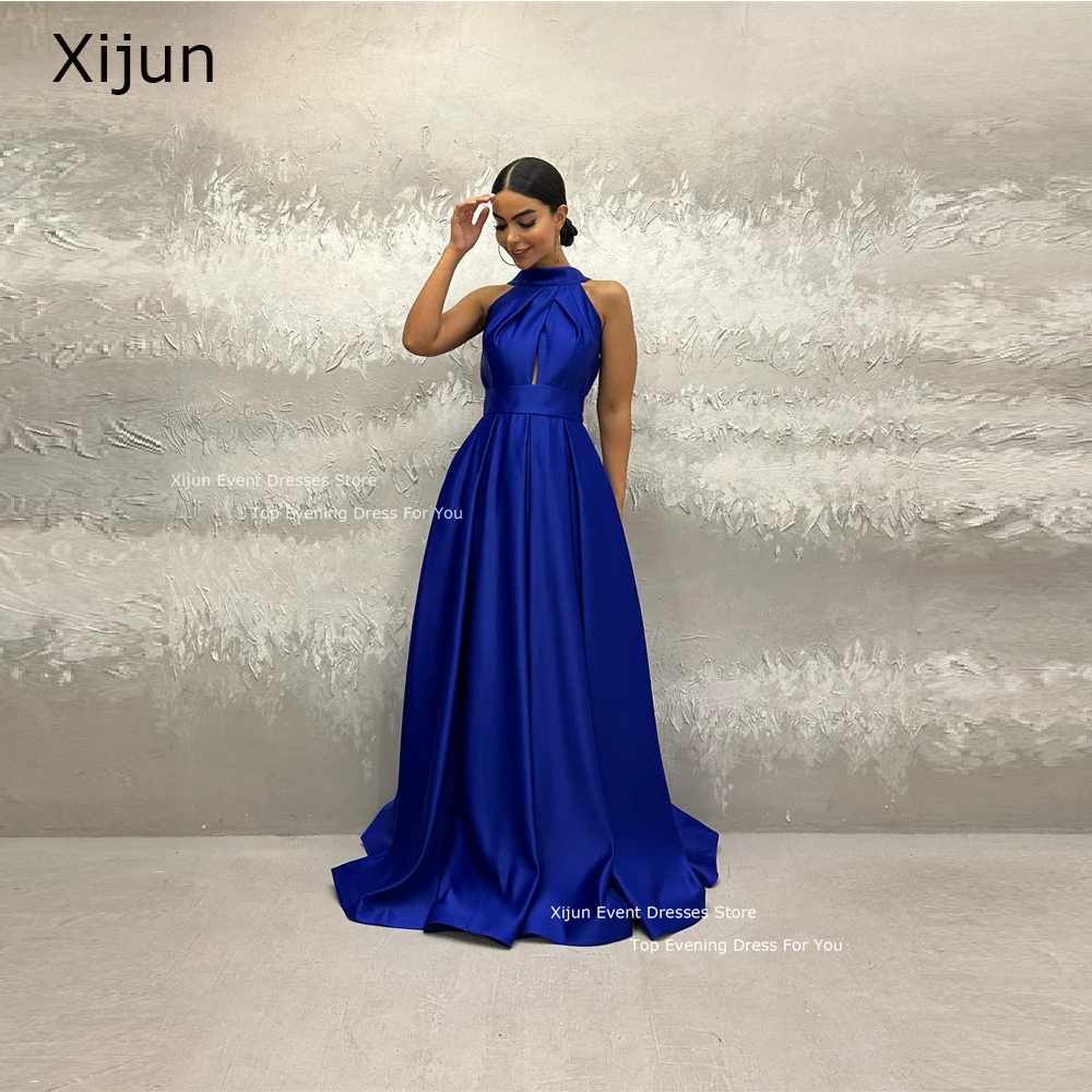 

Xijun Royal Blue Satin Evening Dresses Backless A-Line Prom Dresses Formal Prom Gowns Floor Length Sleeveless Women Party Dress