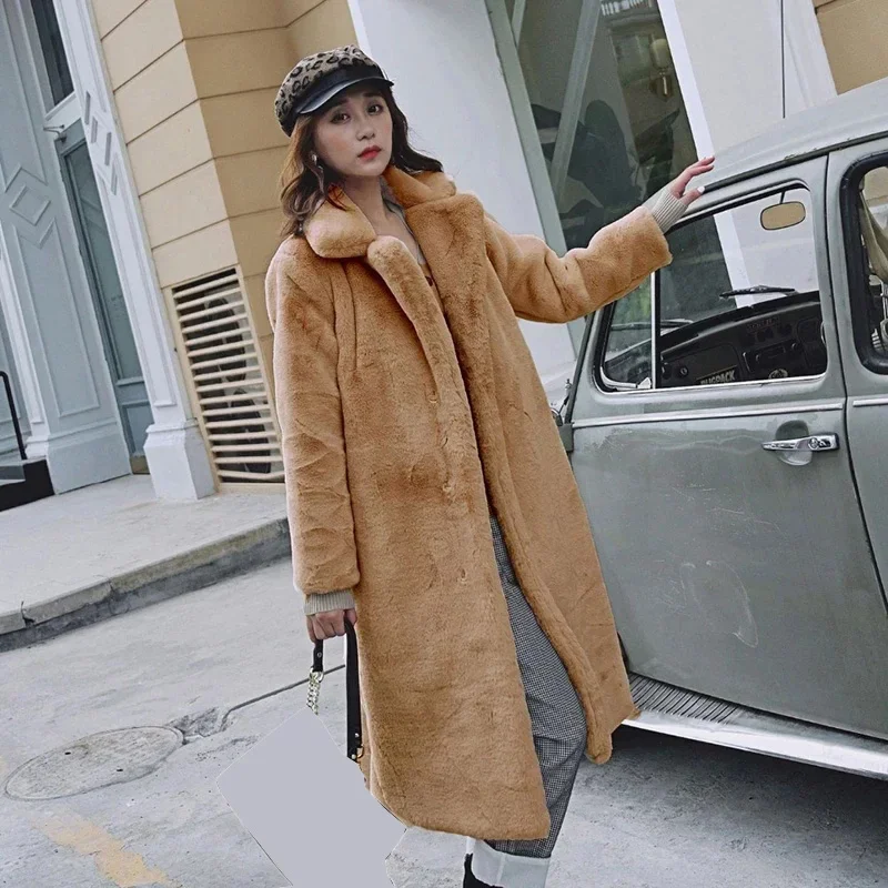 New 2024 Women Autumn Winter Casual Loose Faux Rabbit Fur Long Jacket Thickened Faux Fur Coat Furry Warm Fur Outerwear