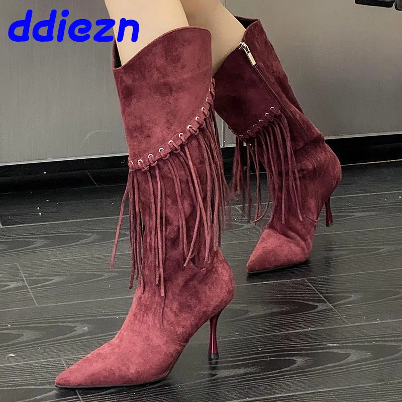 Fashion Designer Tassels Footwear Women Knee High Chelsea Boots With Thin Heels Shoes Female Pointed Toe Ladies Long Booties