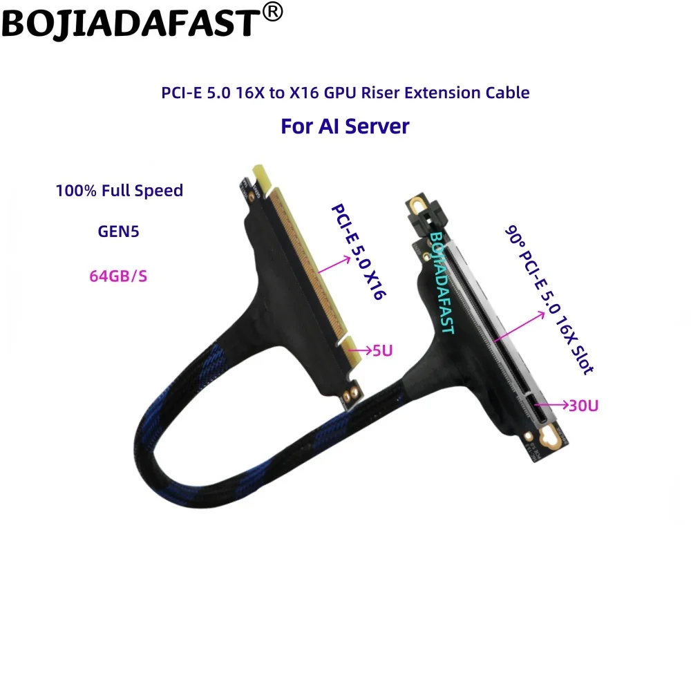 

90 Degree PCIe PCI-E 5.0 16X to X16 GEN5 GPU Riser Extension Cable 40CM 50CM 60CM for RTX5090 A100 H100 AI Server Graphics Card