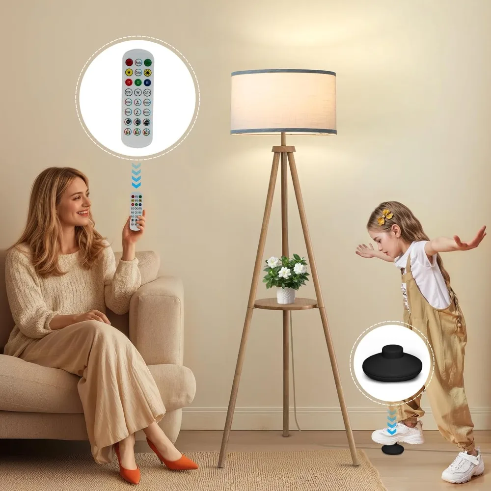 مصباح أرضي مع 3 أوضاع إضاءة قابلة للتعديل - مصباح أرضي ثلاثي القوائم خشبي، مصباح LED حديث مع سطوع خافت، مثالي