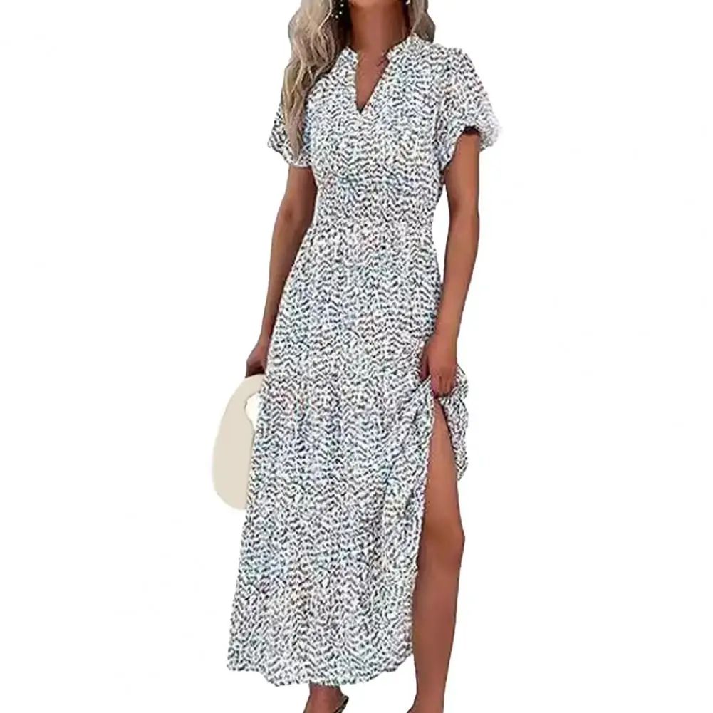 

High Waist Midi Dress Floral Print V Neck Midi Dress for Women A-line Swing Style with Bubble Sleeves High Waist for Commute