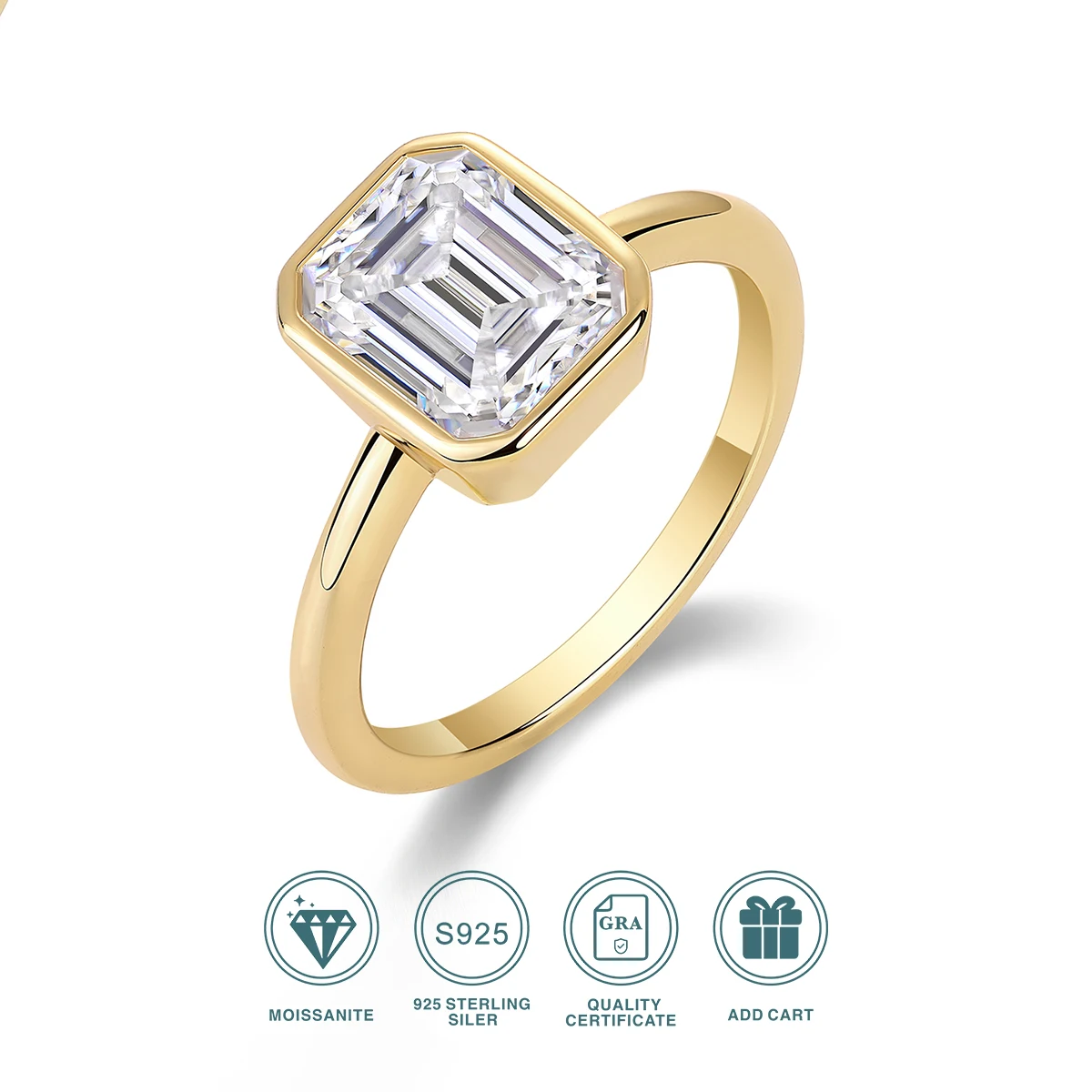 JIUZUAN 7x9mm Moissanite Ring, 18K Gold Plated S925 Silver, Minimalist Design, Hypoallergenic Luxury Christmas Gift Jewelry