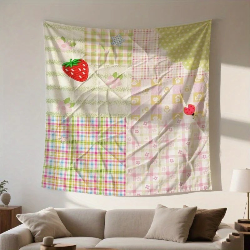 Customize VIKAMA Bohemian Rustic Patchwork Tapestry Strawberry Plaid Polka Dot Living Room Sofa Accent Wall Instagram-Style Room