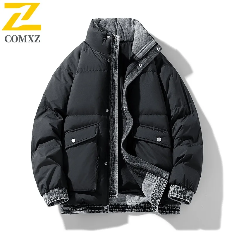 COMXZ New Puffer Jacket High Street Fake Two-Piece Cotton Coat Warm White Duck Down Jacket Winter Wear Versatile Puffer Coat