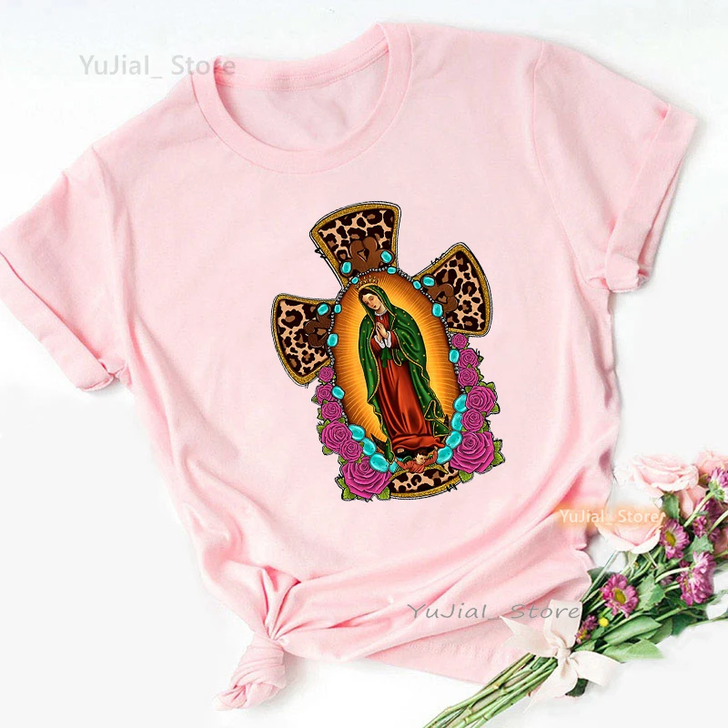 

Leopard Virgin Mary Guadalup Print T Shirt Girls Summer Fashion Jesus Pink Tshirt Women Harajuku Shirt Summer Tops Tee Shirt