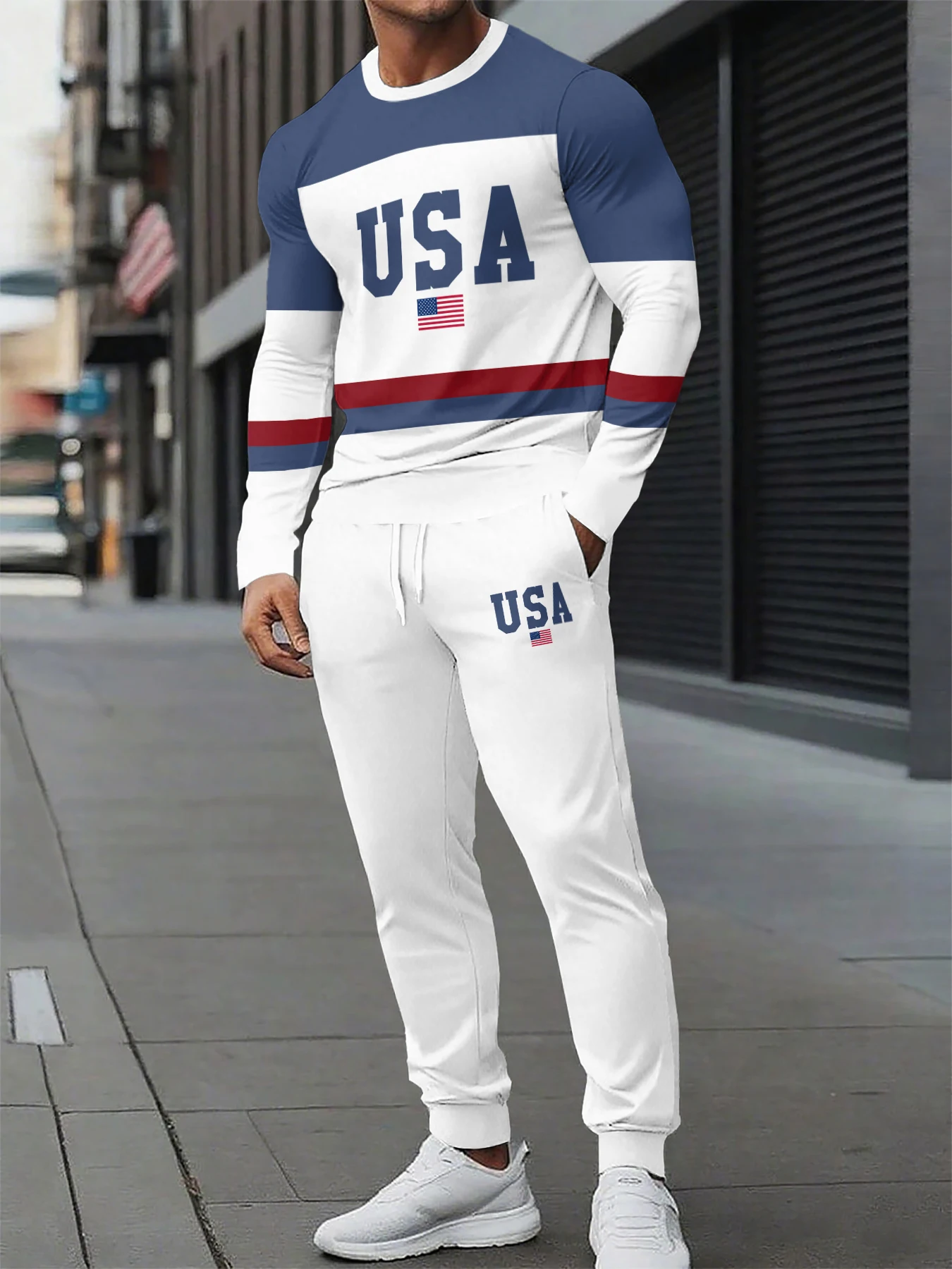 

Autumn and Winter Men Set with USA Flag Printed Pattern for Men Casual Fashion Set Quick Drying and Breathable