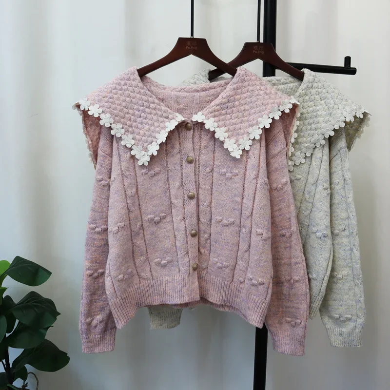 Women Clothing Peter Pan Collar Spliced Single Breasted Sweaters Long Sleeve Cardigan Print Jumpers Autumn Button Basics