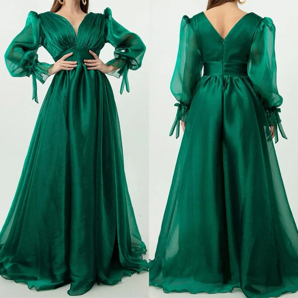 

Customized Fashion Green Satin Evening Dress Temperament V-Neck Puff Sleeves Long Sleeves Zipper Back Bespoke Occasion