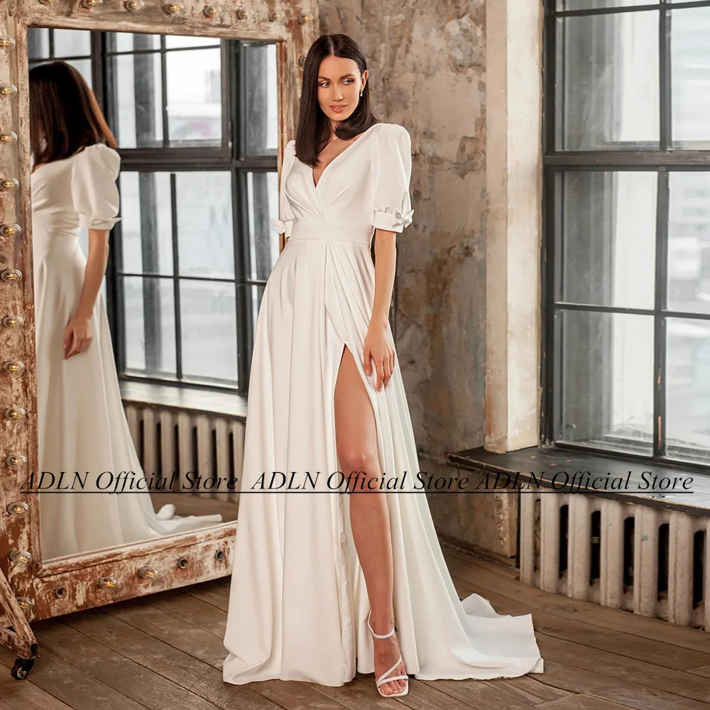 

Modern Short Sleeves Wedding Dresses Bridal Gown V Neck Bow Back Zipper High Split Robe De Mariage Bride for Women
