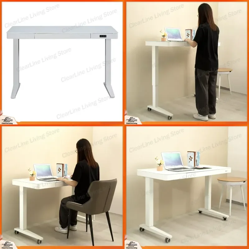 Modern Standing Desk with Tempered Glass Top Dual Motor Height Adjustable Ergonomic Home Office Desk with Drawers