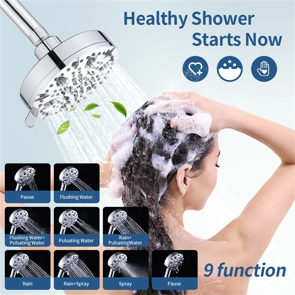 1pc 9 Function Rain Shower Head Chrome Plated Overhead Spray With SUS304 Ball Joint Water Saving Bathroom Plumbing Fixture