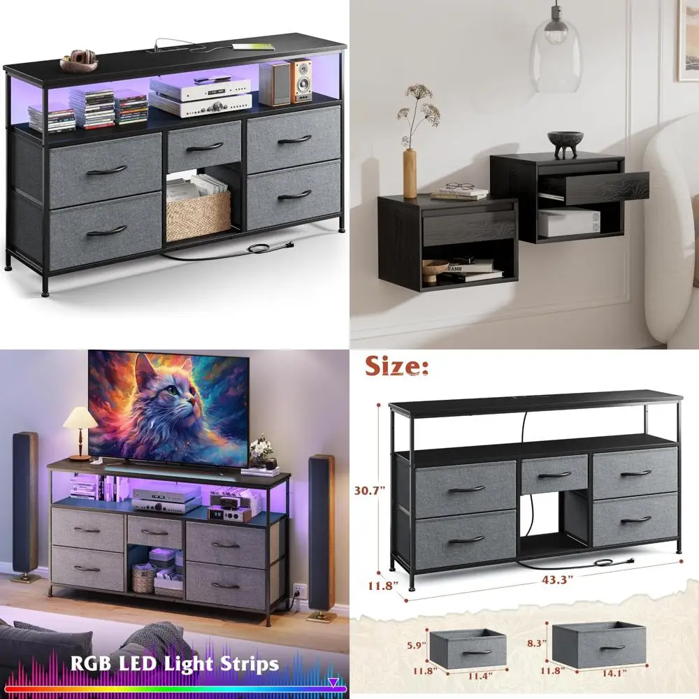 

Развлекательный центр со светодиодной подсветкой и розетками для 50-дюймовых телевизоров, подставка под телевизор с 5 ящиками для медиаконсолей в спальне