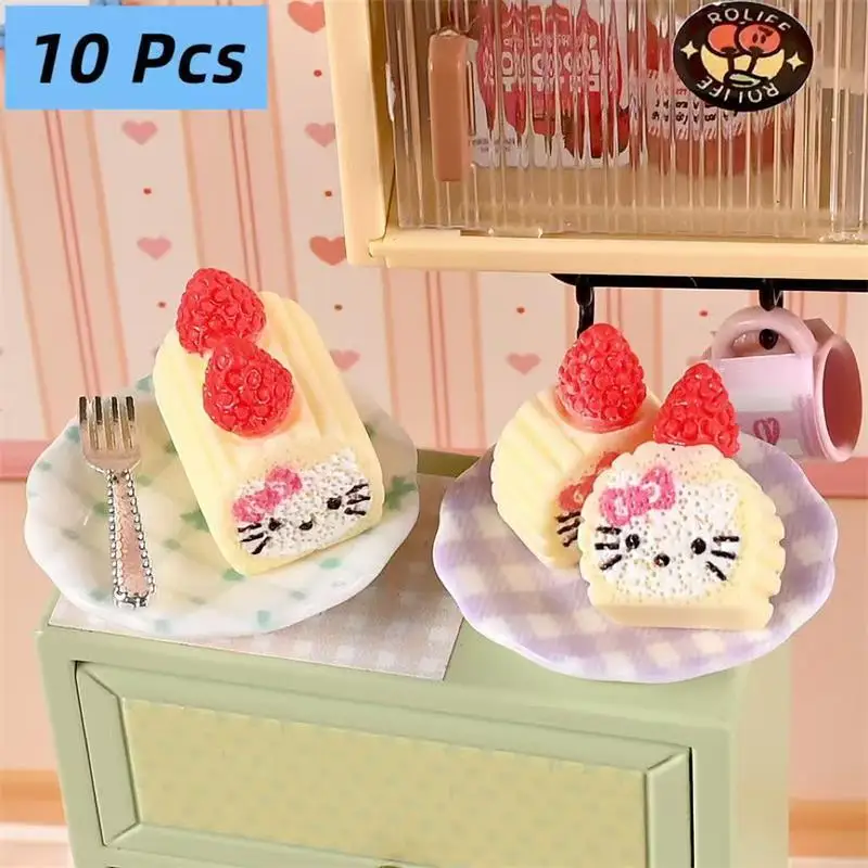 

10Pcs Cute Sanrio Dollhouse Miniatures Hello Kitty Strawberry Cake Roll KT Dessert Model Kids Pretend Play Toys DIY Accessories