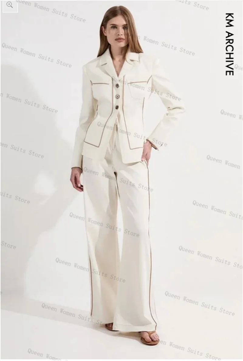

White Women Suit Set 2 Piece Cotton Blazer+Pants Trousers Khaki Stripe Formal Office Lady Jacket Wedding Prom Coat Customized